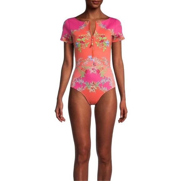 NWT Johnny Was Wave Surf One Piece Neoprene Orange Pink Floral Swim Suit $298 - Picture 2 of 14